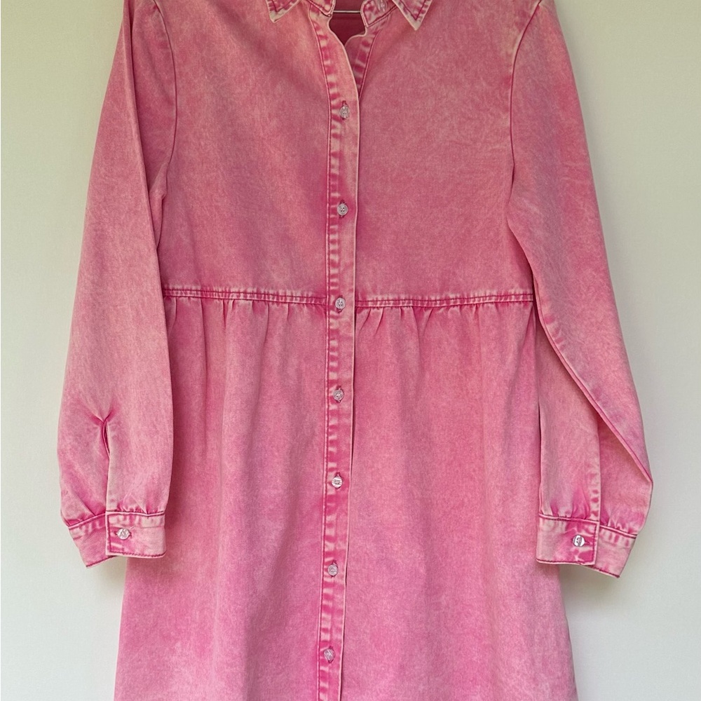 Chic Pink Long Sleeve Denim Dress - Picture 5 of 9
